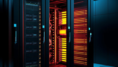 Server room data center. Backup, mining, hosting, mainframe and computer rack with storage information. 3d renderの素材