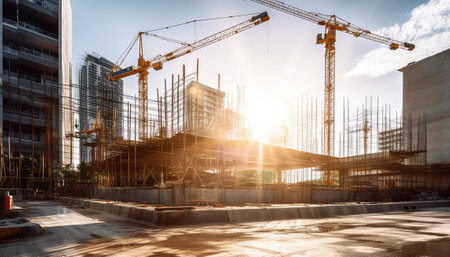 Construction site with cranes and building under construction with sunbeam.の素材