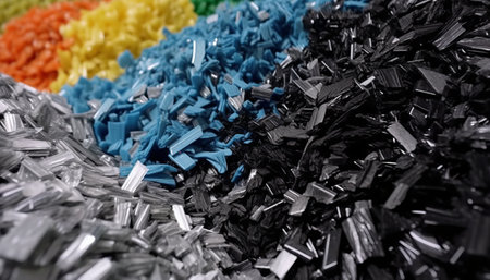Pile of blue, red, yellow, green and black plastic shavingsの素材