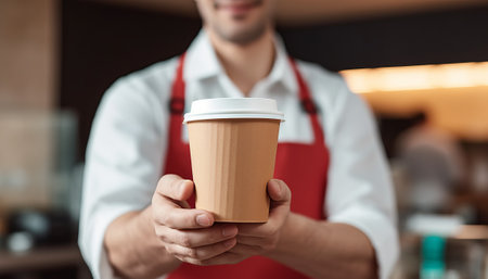 Cropped image of barista holding paper cup of coffee in cafeの素材