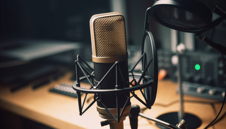 Professional microphone in recording studio, close-up. Microphone on the stand.の素材