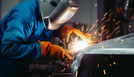 Industrial worker with protective mask welding car body part with sparks.の素材