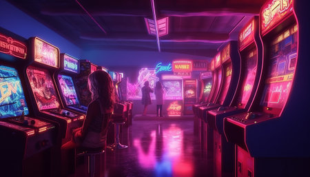 Woman playing arcade game in neon light. 3D rendering and illustration.の素材