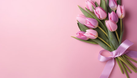 Bouquet of pink tulips with a pink ribbon on a pink backgroundの素材