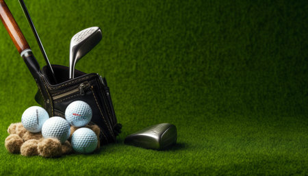 Golf equipment and golf balls on green grass background with copy spaceの素材