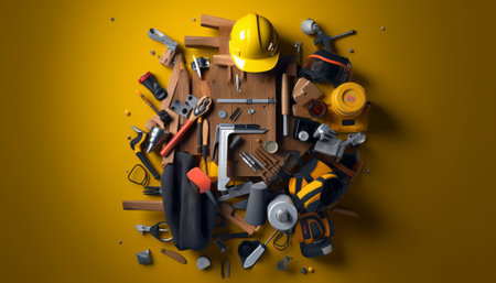 Various construction tools on a yellow background. Top view. 3d renderingの素材