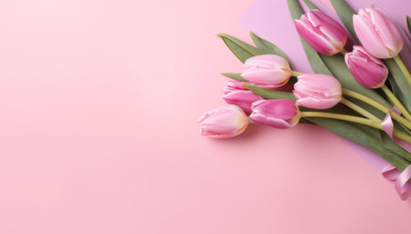 Bouquet of pink tulips on a pink background with copy spaceの素材