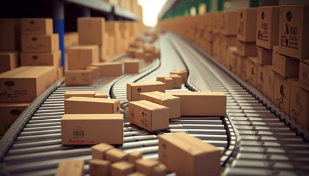 Cardboard boxes on conveyor belt in warehouse. 3D renderingの素材