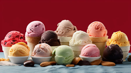 Variety of colorful ice cream scoops in a row on red backgroundの素材