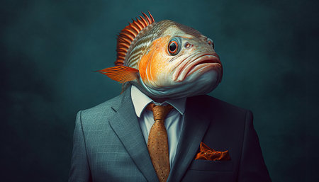 Businessman in a suit with a big fish head on a dark backgroundの素材