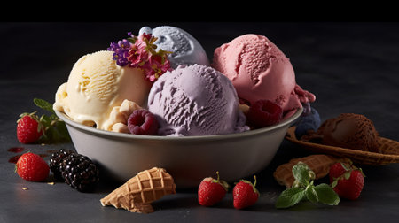 Ice cream scoops of different colors in a bowl on a black backgroundの素材