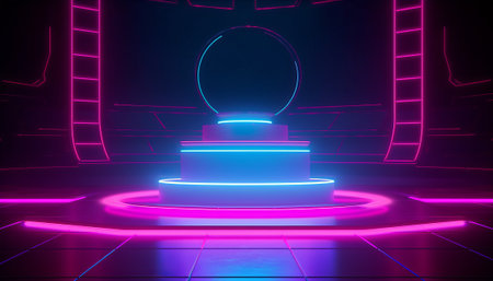 3d render, abstract background, neon light, ultraviolet light, round podiumの素材