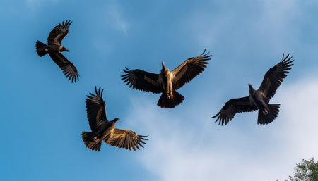 Group of vultures flying in a blue sky with white cloudsの素材
