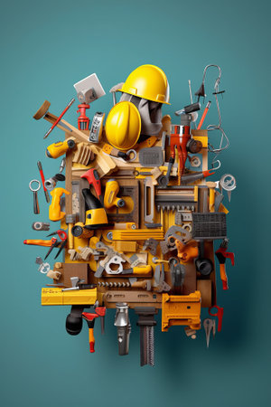 Construction tools in a box on a blue background. 3d renderingの素材