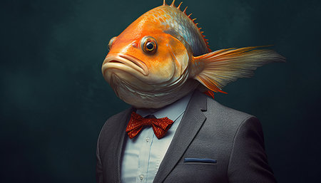 Funny fish in a suit and bow tie on a dark backgroundの素材