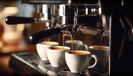 Coffee machine making espresso in cafe, closeup. Professional coffee brewingの素材