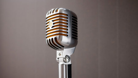 Retro microphone on a grey background, close-up, studio shotの素材