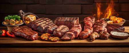 Assorted meat products on a wooden board with flames in the backgroundの素材