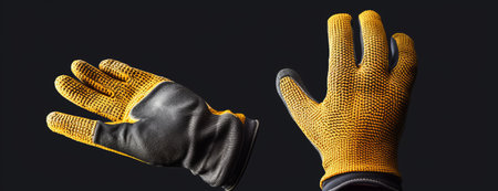 Close-up of black and yellow safety gloves isolated on black backgroundの素材