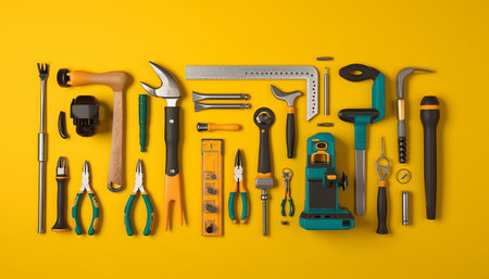 Assorted work tools on yellow background. Top view. Flat layの素材