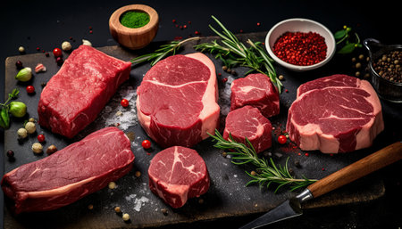Raw beef steaks with spices and herbs on a black background.の素材