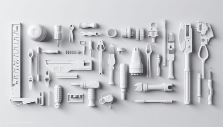 Set of construction tools on a white background. Flat lay, top view.の素材