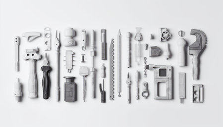 Flat lay composition with construction tools on white background, top viewの素材