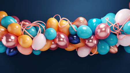 Colorful balloons on blue background. 3d illustration. Horizontal.の素材