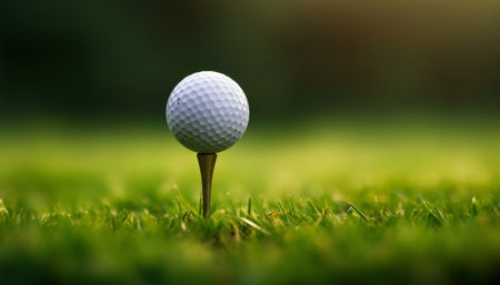 Golf ball on green grass ready to be shot into the holeの素材