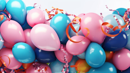 Colored balloons with ribbons and confetti. 3d renderingの素材