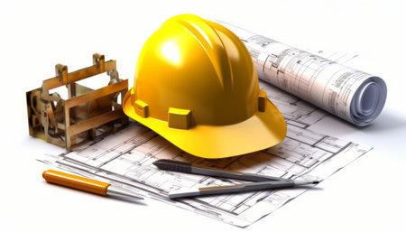 Architectural plans and yellow hard hat on a white background.の素材