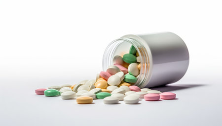 Pills spilling out of pill bottle on white background. Focus on foreground.の素材