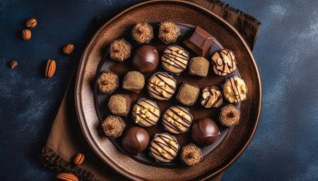 Assortment of chocolate candies on dark blue background. Top view.の素材