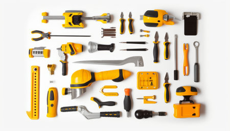 Flat lay composition with construction tools on white background. Top viewの素材