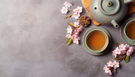 Cup of tea, teapot and sakura flowers on stone backgroundの素材