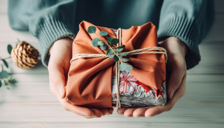 Woman hands holding Christmas or other holiday handmade present in paper box.の素材