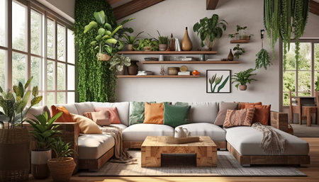 Modern living room interior design with sofa 3d rendering image.There are plants in the room.の素材