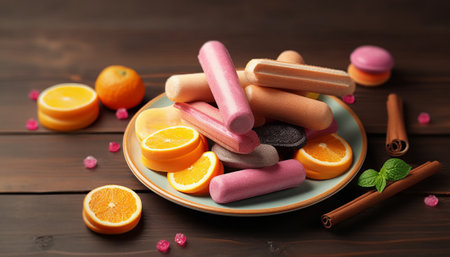 Plate with tasty fruit ice cream on wooden table, closeupの素材