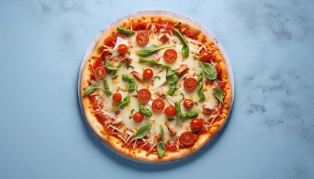 Pizza with chicken, cheese, tomatoes and basil on blue backgroundの素材