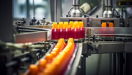 Bottling line of orange juice in plastic bottles on the conveyor beltの素材