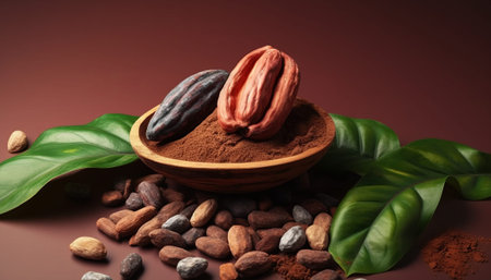 Cocoa beans, cocoa powder and cocoa pod on brown backgroundの素材
