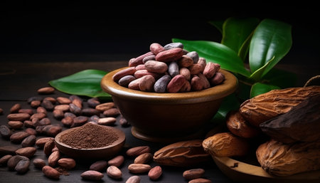Cocoa beans and cocoa powder in bowl on black wooden backgroundの素材