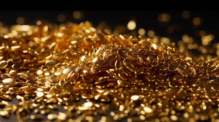 Golden shiny sequins on a black background. Close-up.の素材