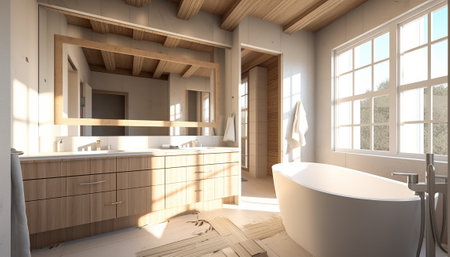 3d render of a modern bathroom with a bathtub and wooden wallsの素材