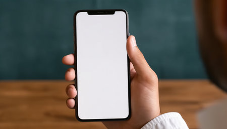 Mockup image of a hand holding a smartphone with a blank white screen.の素材