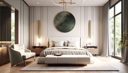 Interior of modern bedroom with white walls, wooden floor, comfortable king size bed and green armchairs. 3d renderingの素材