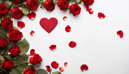 Red rose petals and heart on white background. Valentines day backgroundの素材