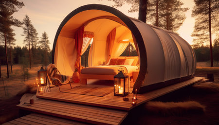 Camping tent in a pine forest at sunset. Travel concept.の素材