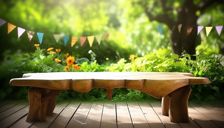 Wooden table in the garden on a background of summer greeneryの素材