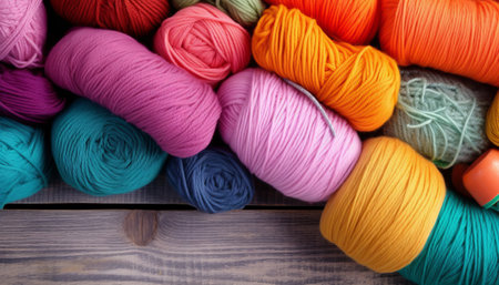 Multicolored skeins of yarn for knitting on a wooden backgroundの素材